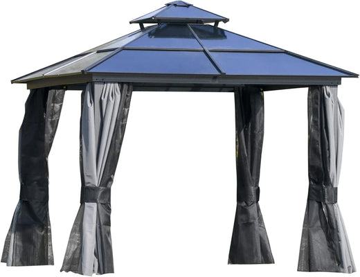 10 Feet X 12 Feet Hard-top Awning Canopy, Polycarbonate Roof, Aluminum Frame, Permanent Outdoor Awning, with Net Cover, Suitable for Patios,...