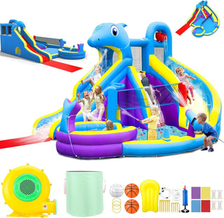 11-in-1 Inflatable Water Slide & Dolphin Bounce House with 2 Long Slides, 19.7 Ft X 13.1 Ft Extra Large Waterslide Climbing Wall with small...