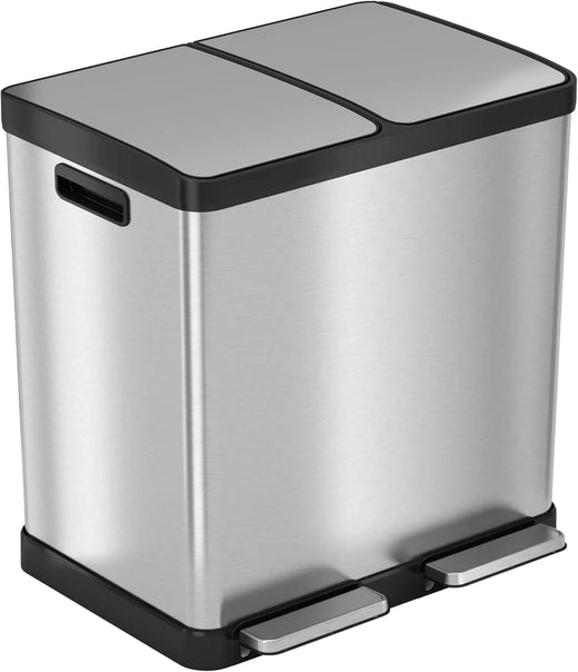 16-gallon Contact-free Trash and Recycling Bins, Made of Stainless Steel, with A Double Compartment Design (each Compartment Holds 8...