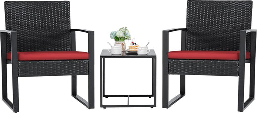 3 Pieces Patio Set Outdoor Wicker Furniture Sets Modern Rattan Chair Conversation Sets with Coffee Table for Yard and Bistro (black)