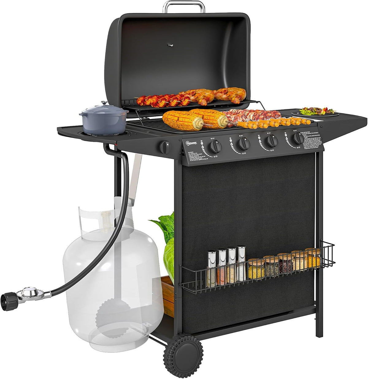 4 1 Burner Propane Gas Bbq Grill, Portable Gas Barbecue Grill with Side Burner, Thermometer, Lid, Side Table, Shelf, Spice Rack, Wheels,...