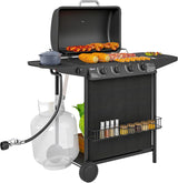 4 1 Burner Propane Gas Bbq Grill, Portable Gas Barbecue Grill with Side Burner, Thermometer, Lid, Side Table, Shelf, Spice Rack, Wheels,...