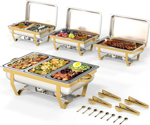 4 Pack Stainless Steel Chafing Dishes for Buffet, 9 Qt Capacity 7 Pans Food Warmers for Parties, Weddings, Events Hosting, Family Gatherings,...