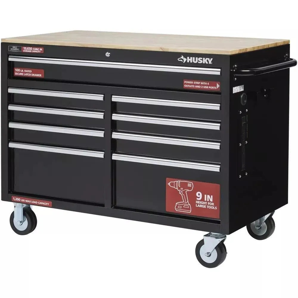 46 In. W X 24 In. D 9-Drawer Gloss Black Deep Tool Chest Mobile Workbench for Home Projects