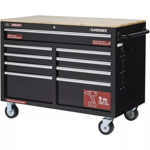 46 In. W X 24 In. D 9-Drawer Gloss Black Deep Tool Chest Mobile Workbench for Home Projects