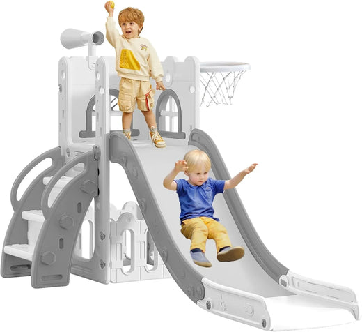 6 in 1 Toddler Slide for Toddler Age 1-3,Kids Climber Slider for Indoor Outdoor Playground with Basketball Hoop,storage and Telescope,l...