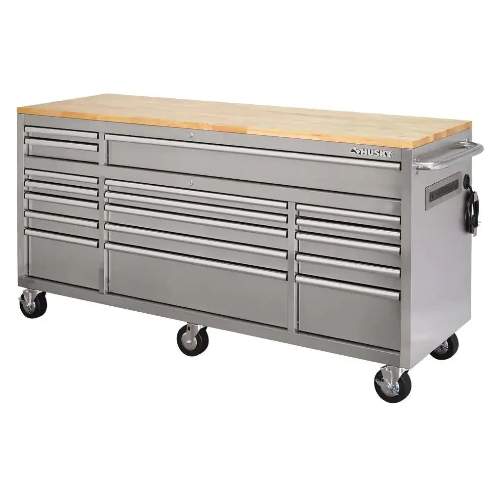 72 in 18-Drawer 24 In. D Mobile Workbench with Solid Wood Top Stainless Steel for Home Projects