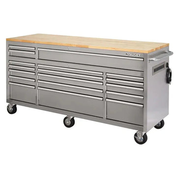 72 in 18-Drawer 24 In. D Mobile Workbench with Solid Wood Top Stainless Steel for Home Projects