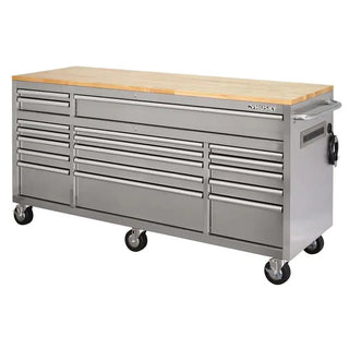 72 in 18-Drawer 24 In. D Mobile Workbench with Solid Wood Top Stainless Steel for Home Projects
