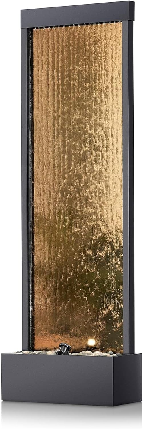 A Mirror-floored Waterfall Fountain with Stones and Lights - Suitable for Offices, Living Rooms, Terraces, Entrances As A Serene...