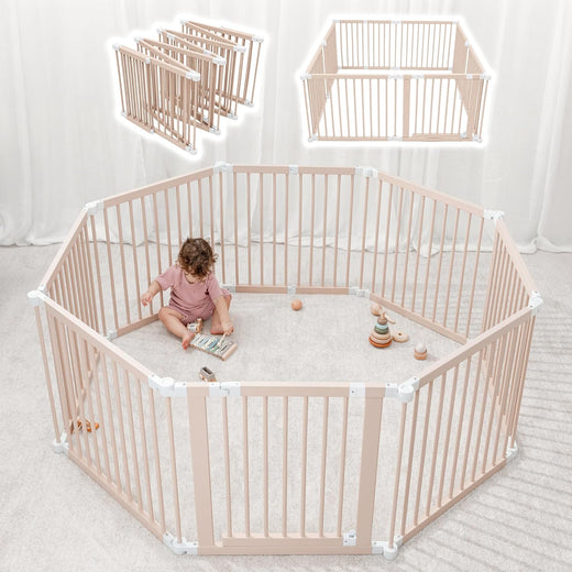 Baby Playpen & Gate - 144 X 144 X 63 Cm, Extends Up to 579 Cm - Pine Wood Foldable Playpen with Child-proof Lock - Safe Play Fence Easy...