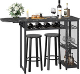 Bar Table and Chair Set, Industrial Expandable Dining Table with 2 Bar Stools, Kitchen Counter with Wine Rack & 3 Tier Adjustable Storage...