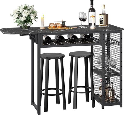Bar Table and Chair Set, Industrial Expandable Dining Table with 2 Bar Stools, Kitchen Counter with Wine Rack & 3 Tier Adjustable Storage...