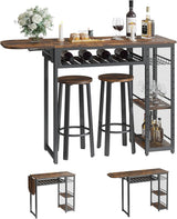Bar Table and Chair Set, Industrial Expandable Dining Table with 2 Bar Stools, Kitchen Counter with Wine Rack & 3 Tier Adjustable Storage... image 4
