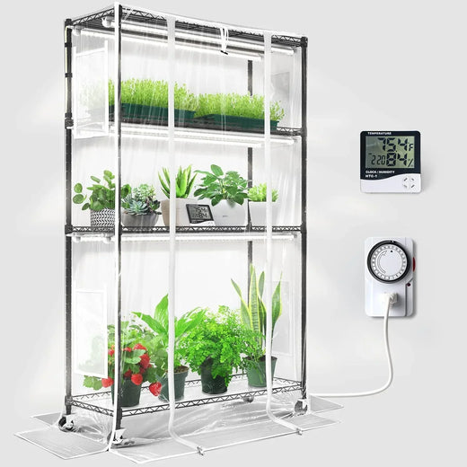 Barrina Mini Greenhouse with LED Grow Light for Indoor Plant, 4-Tier Portable Metal Plant Stand with Wheels, Plant Shelf with Tent, 6Pcs...
