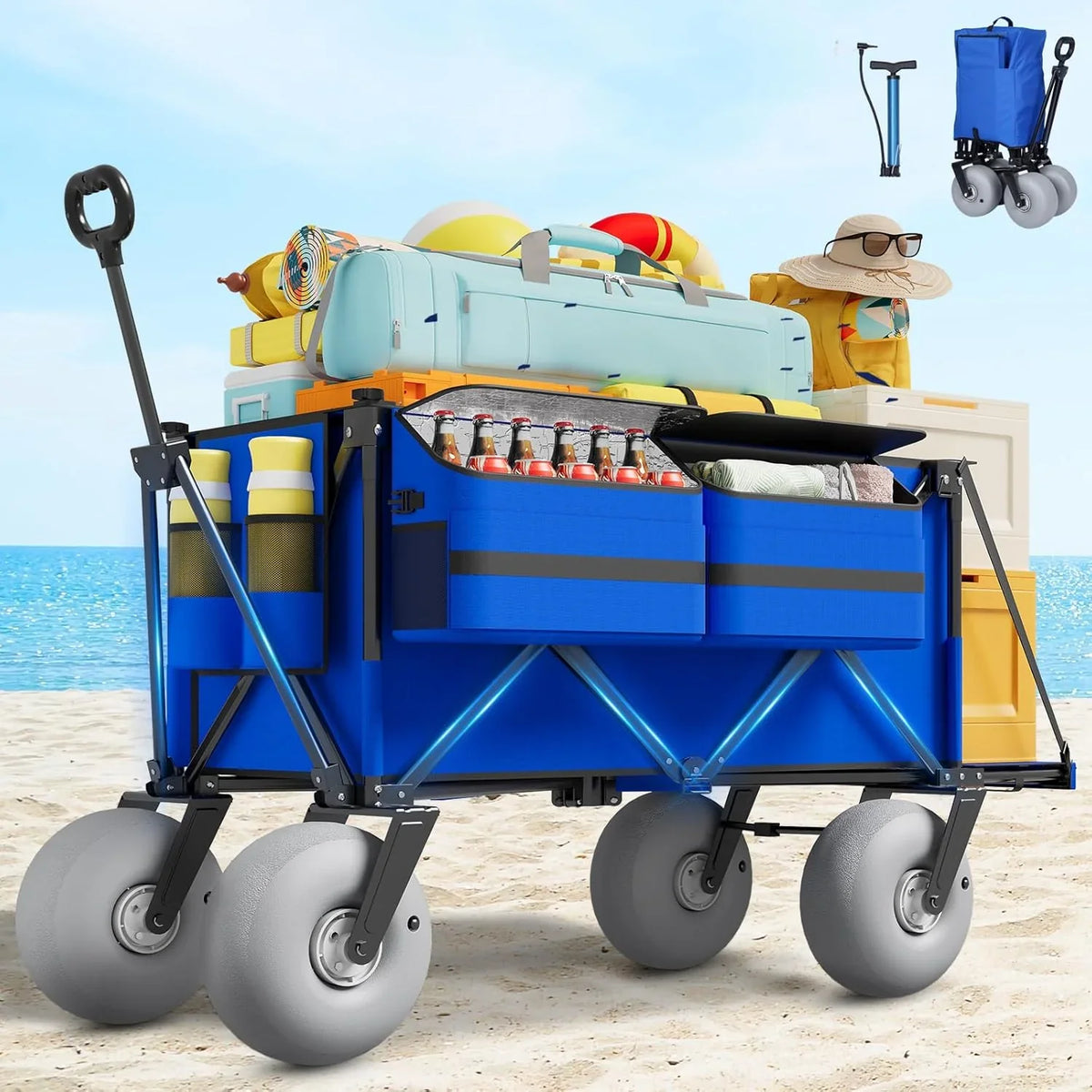 Beach Wagon with Big Wheels for Sand - 450lbs Load Heavy Duty Wagons Carts Foldable with 9" All Terrain Inflatable Tires, Collapsible Beach...