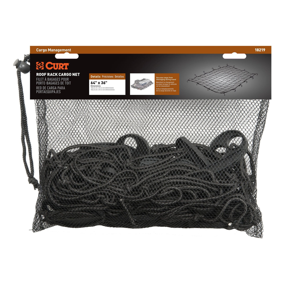 CURT 18219 Elastic Cargo Net with Hooks for Extended Roof Basket, 64 x 36-in