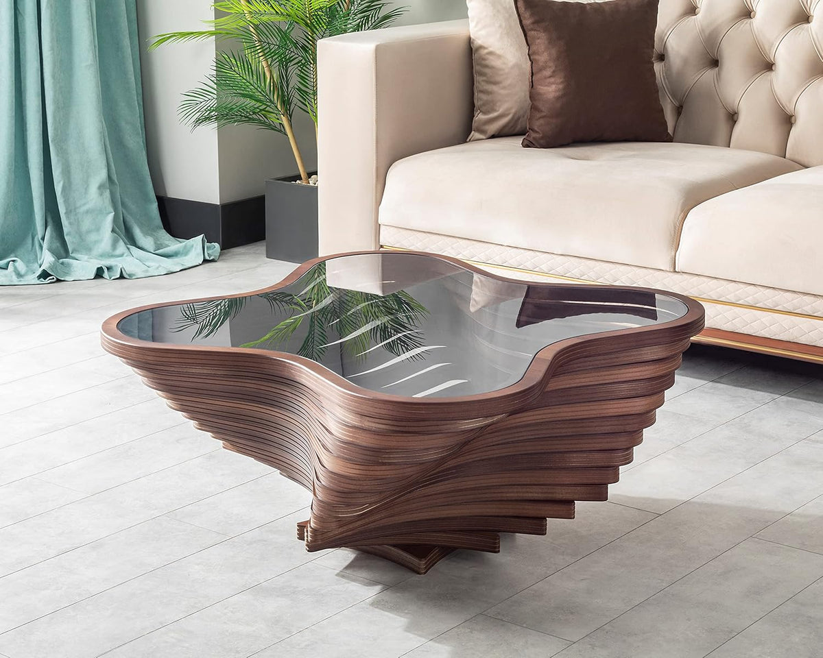 Design A Modern Coffee Table - Natural Walnut Veneer, Tempered Glass Tabletop, Layered Wave Shape, Rustic Wood, Modern Living Room Table,...