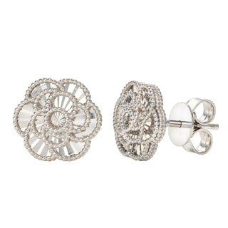 Diamond Cut Textured Flower Stud Earrings in White Gold for Garage and Travel
