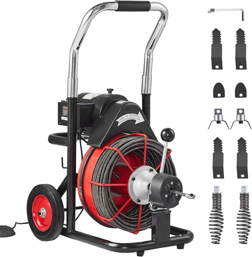 Drain Cleaner Machine 100FT X 1/2 Inch, Auto Feed Sewer Snake Auger on Wheels, 550W Portable Drain Cleaning Machine with 8 Cutters &...