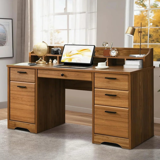 Executive Desk with Drawers, 58 Inch Desk with Storage, Wood Executive Desk with 6 Drawers, Study Desk for Bedroom, Business Furniture Desk...