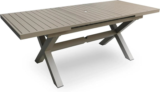 Extendable Patio Dining Table for 6-8, 63''-83'' Outdoor Aluminum Table with umbrella Hole, Rectangle Slatted Tabletop, Metal X-trestle for...