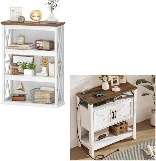Farmhouse Sofa Table with Power Outlet-4-tier Bookcase, 42.9" Floor Standing Organizer Shelf for Home Organization