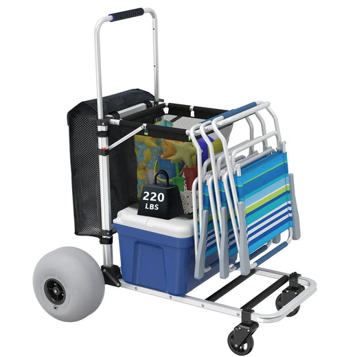 Foldable Beach Cart with Adjustable Handle and 12" Balloon Wheels, Heavy Duty Aluminum 220LBS Capacity for Home Organization