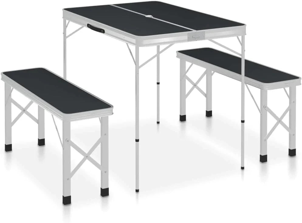 Folding Camping Table with 2 Benches Aluminium Grey,item Colourgrey and Silver for Home Organization