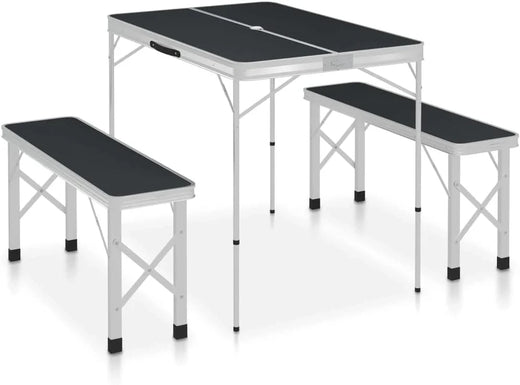Folding Camping Table with 2 Benches Aluminium Grey,item Colourgrey and Silver for Home Organization