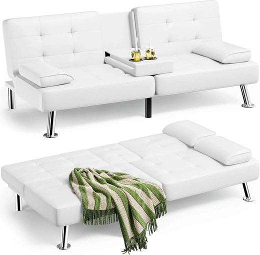 Futon Sofa Bed, Leather Futon Couch with Removable Armrests, Adjustable Recliner Sleeper Sofa Bed with Dual Cup Holders for Living Room,...