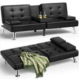 Futon Sofa Bed, Leather Futon Couch with Removable Armrests, Adjustable Recliner Sleeper Sofa Bed with Dual Cup Holders for Living Room,... image 3