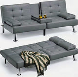 Futon Sofa Bed, Leather Futon Couch with Removable Armrests, Adjustable Recliner Sleeper Sofa Bed with Dual Cup Holders for Living Room,... image 4
