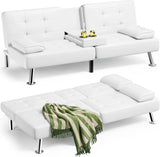 Futon Sofa Bed, Leather Futon Couch with Removable Armrests, Adjustable Recliner Sleeper Sofa Bed with Dual Cup Holders for Living Room,...