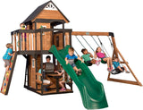 Gorge Creek Pure Pine Swing Set, Playhouse with Barbecue Grill, Plastic Utensils, Picnic Area, Steering Wheel, Double-padded Swing, Rock...
