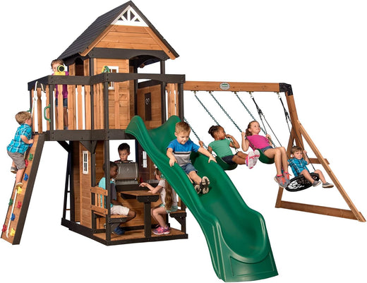 Gorge Creek Pure Pine Swing Set, Playhouse with Barbecue Grill, Plastic Utensils, Picnic Area, Steering Wheel, Double-padded Swing, Rock...