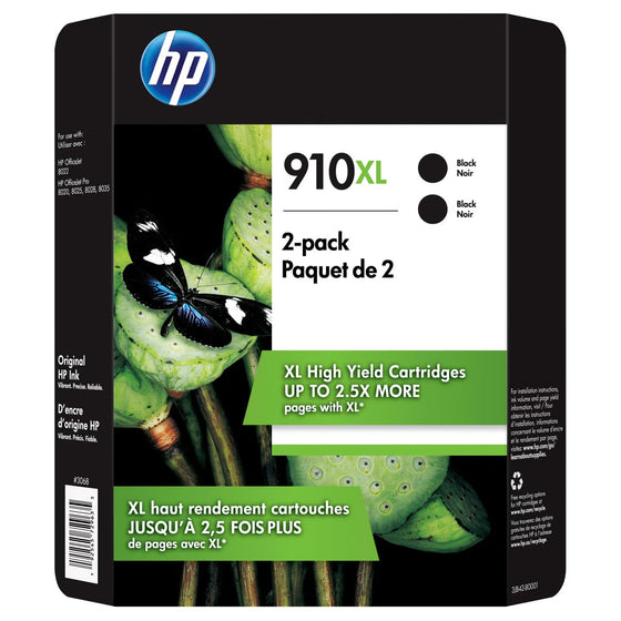 HP 910XL High Yield Ink Cartridge, Black, 2-count