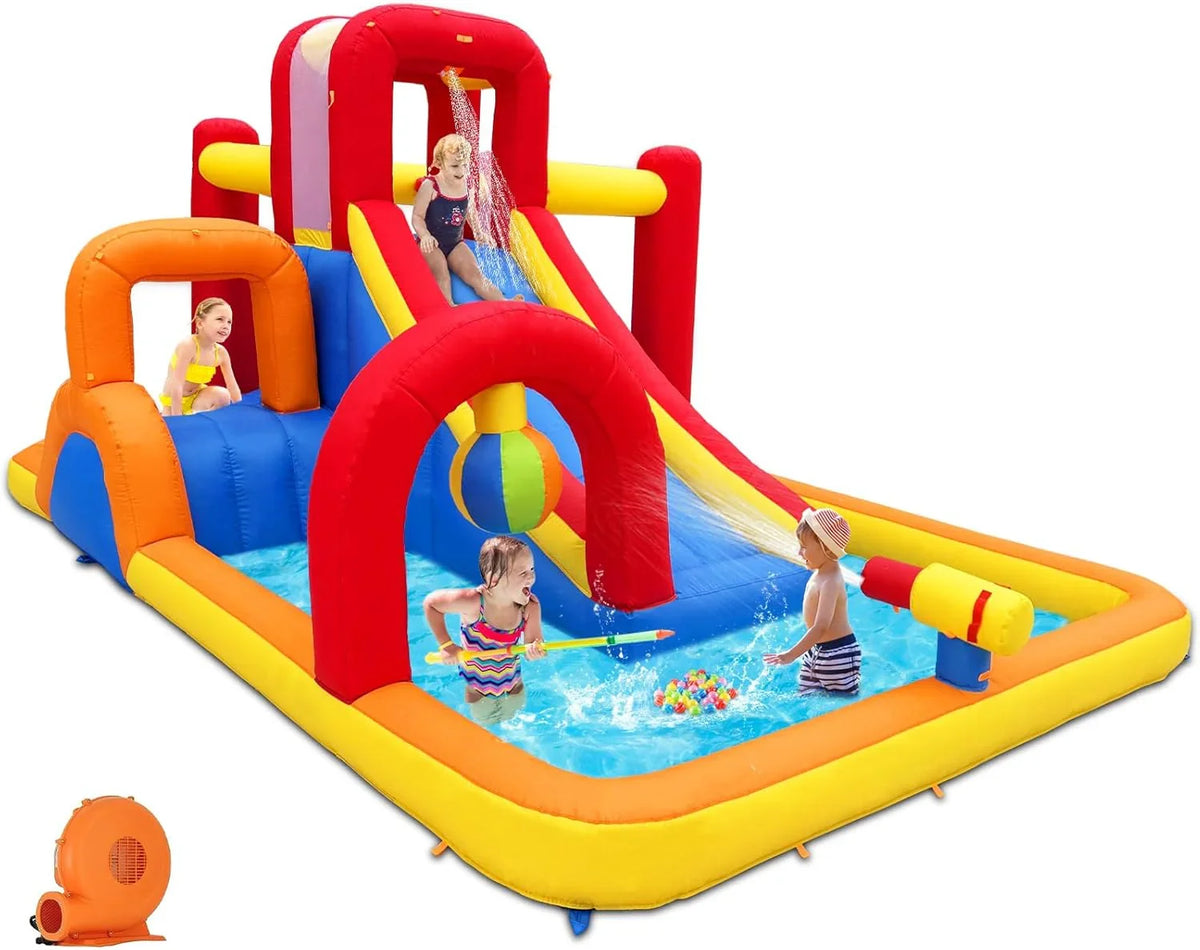 Inflatable Water Slide, 10 in 1 Water Park Bounce House with Blower, Splash Pool, 2 Slides, Water Cannon, Climbing Wall, Blow Up Water Slides...