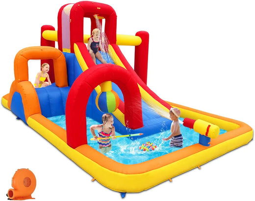 Inflatable Water Slide, 10 in 1 Water Park Bounce House with Blower, Splash Pool, 2 Slides, Water Cannon, Climbing Wall, Blow Up Water Slides...