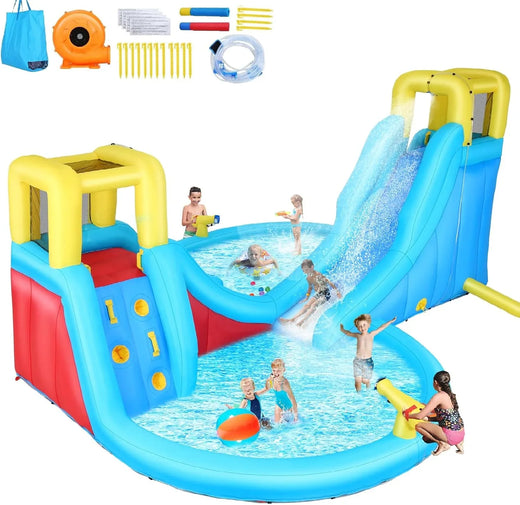 Inflatable Water Slide, 6 in 1 Outdoor Inflatable Water Park with Climbing, Basketball Rim, Splash Pool, Water Cannon, Blow Up Water Slides...