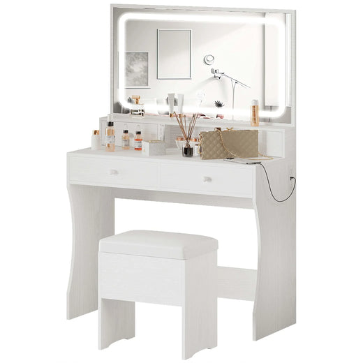 Ironck Vanity Desk Set with LED Lighted Mirror & Power Outlet for Home Organization