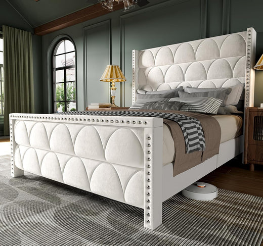 King Size Bed Frame with 56" Headboard - 1000LBS Capacity Support, Velvet Upholstered Wingback Platform Bed Frame, Noise Free, Sturdy Wooden...