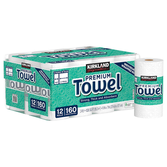 Kirkland Signature Paper Towels, 2-Ply, 160 Sheets, 12 Individually Wrapped Rolls