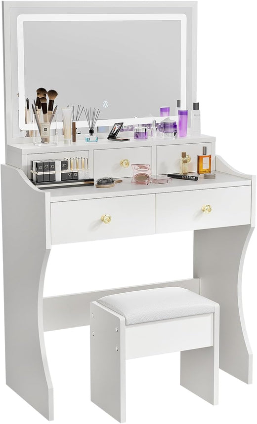 Makeup Table with Extra Large Mirror and Lights, 80cm Dressing Table with Stool for Home Organization
