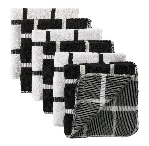 Master Chef Terry Checkered Dish Cloths with Scrubber, Black, 6-pk