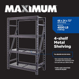 MAXIMUM Adjustable 4-Shelf Heavy Duty Steel Metal Storage Rack / Shelving Unit, 48 x 24 x 72-in image 5