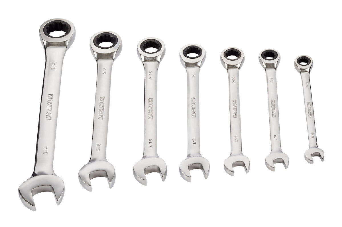 MAXIMUM Ratcheting Wrench Set, SAE, Nickel-Chrome Plating, 7-pc