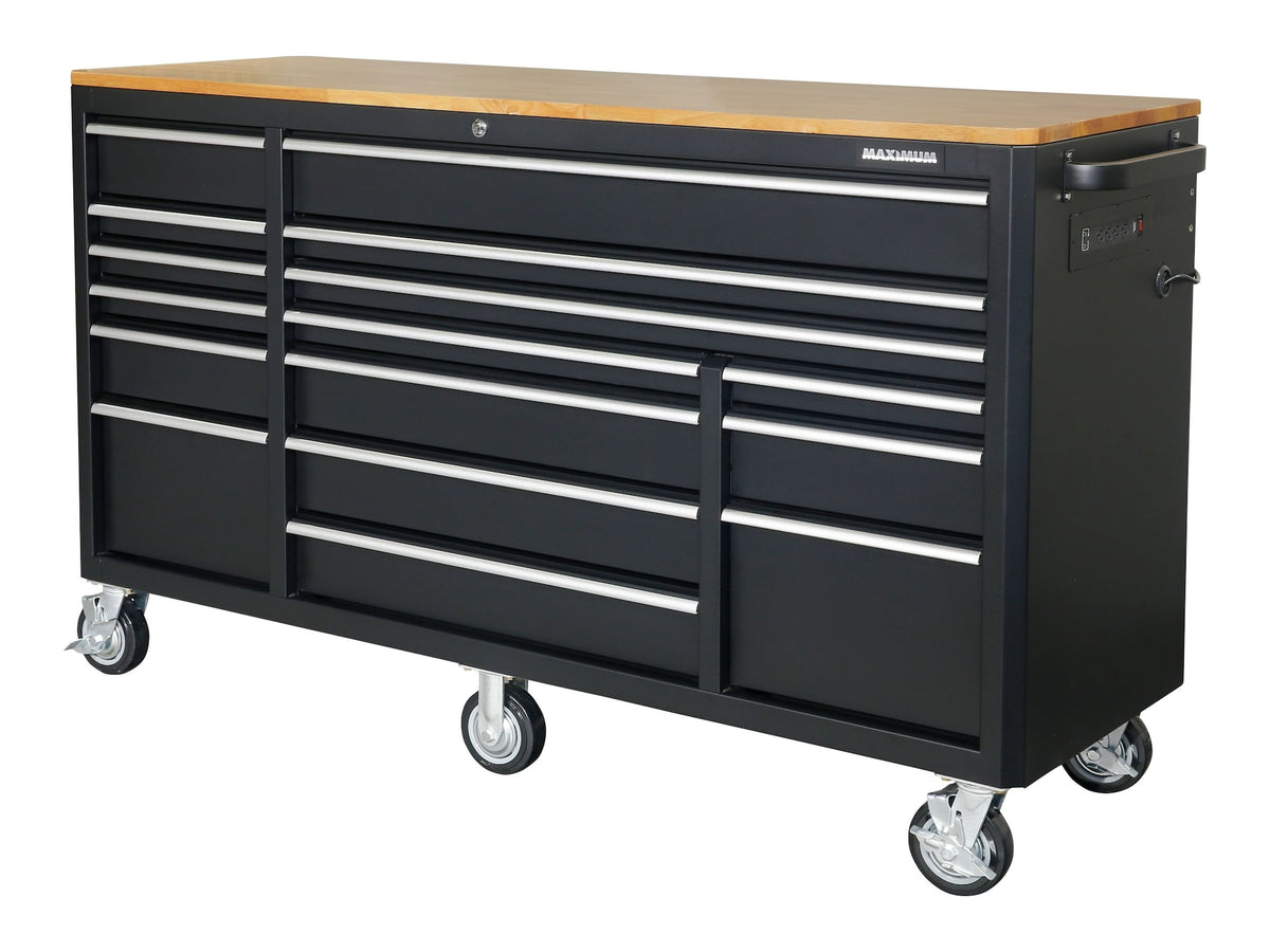 MAXIMUM Tool Cabinet with Wood Top and 4-Outlet Power Strip, Black, 74x24-in