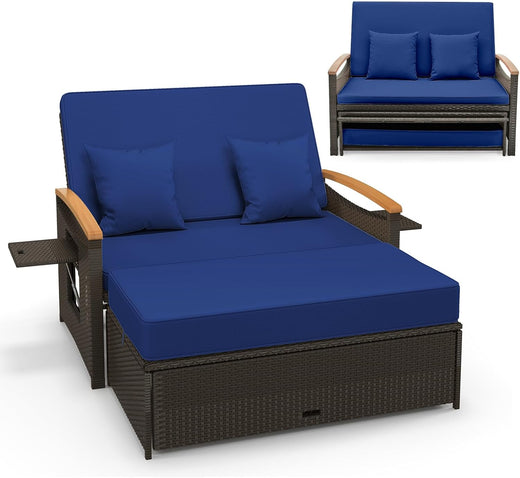 Moccha Outdoor Wicker Daybed, Patio Rattan Loveseat Sofa w/ 4-Level Adjustable Backrest, Folding Panels, Storage Ottoman & Cushions, Lounge...