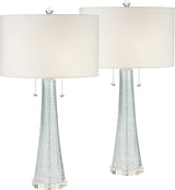 Modern Desk Lamp, 28.5 Inches High, 2 Sets. Features A Sky-blue Textured Glass Lampshade and A White Cylindrical Lampshade with A Vortex...